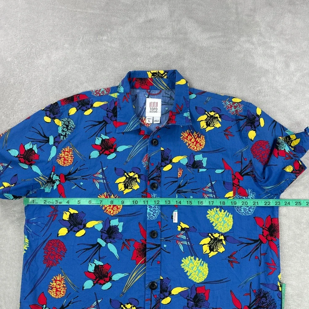 Topo Designs Shirt Men Large Blue Floral Short Sleeve Loop Collar Outdoor Casual - Picture 6 of 10